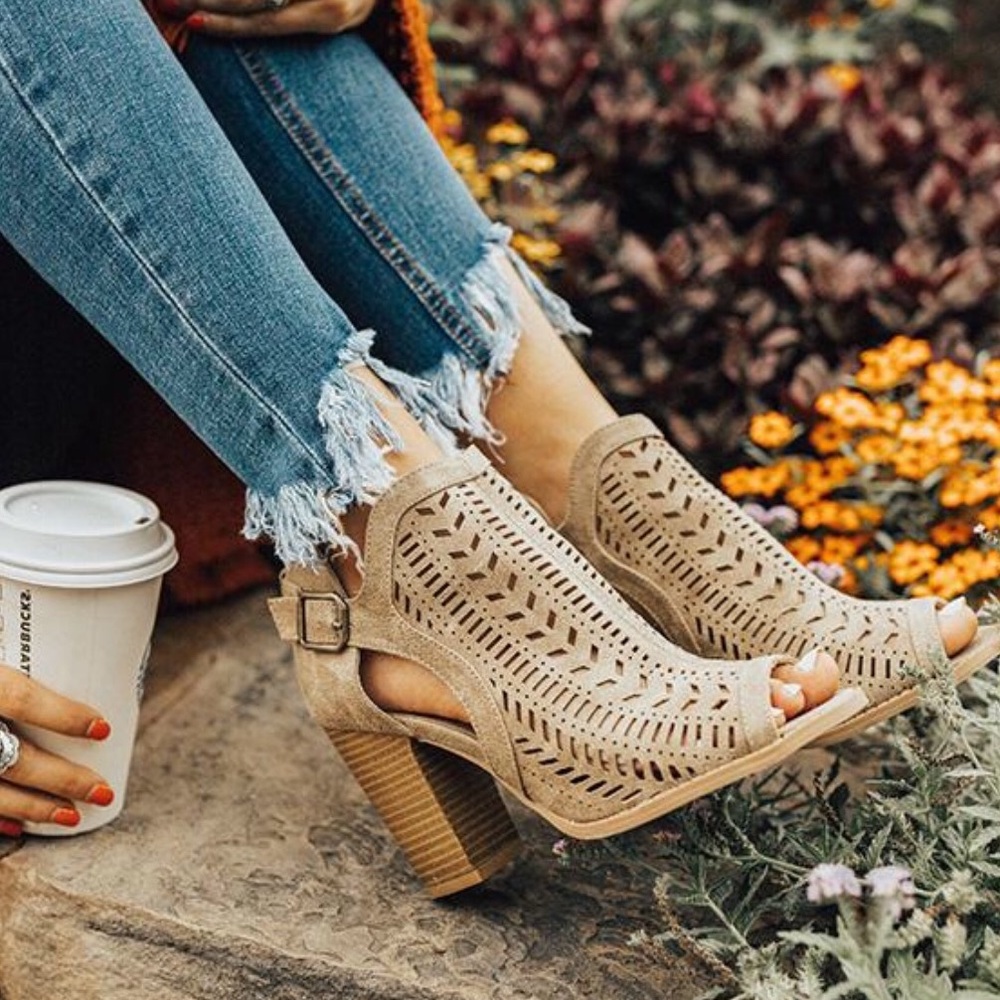 Taupe Open Toe Laser Cut Booties - Picture 2 of 6